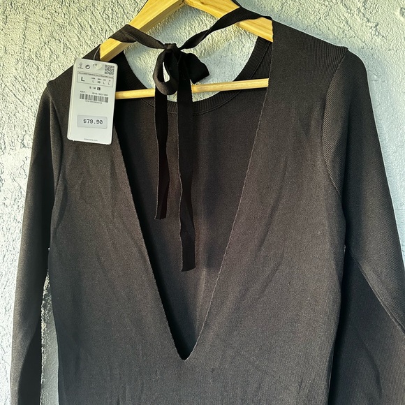 NWT Zara Knit Black Color Open Back Midi Dress Size Large - Picture 5 of 11